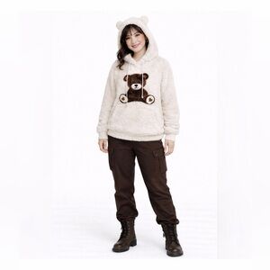ANGEL CULT Y2K Cream Fuzzy Sherpa Style Pullover Warm Comfy Teddy Bear Hoodie